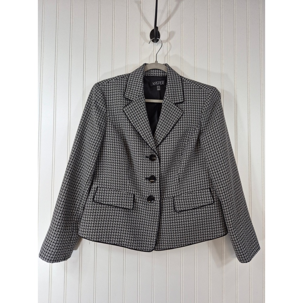 Kasper Womens Black White Basketweave Blazer Jacket Petite 12P Piping Trim